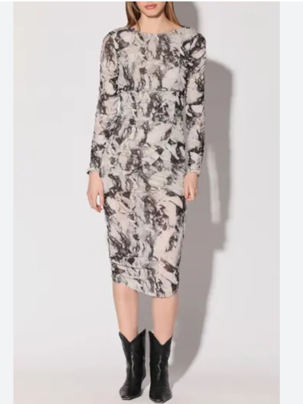 Walter Baker Black & White Marble-Print Ruched Long-Sleeve Midi Dress - Picture 3 of 7